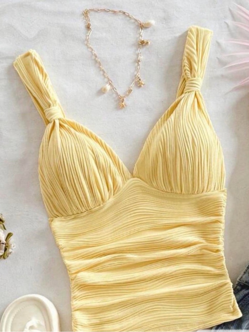 SHEIN Pale Yellow Pleated Knot-Shoulder Camisole